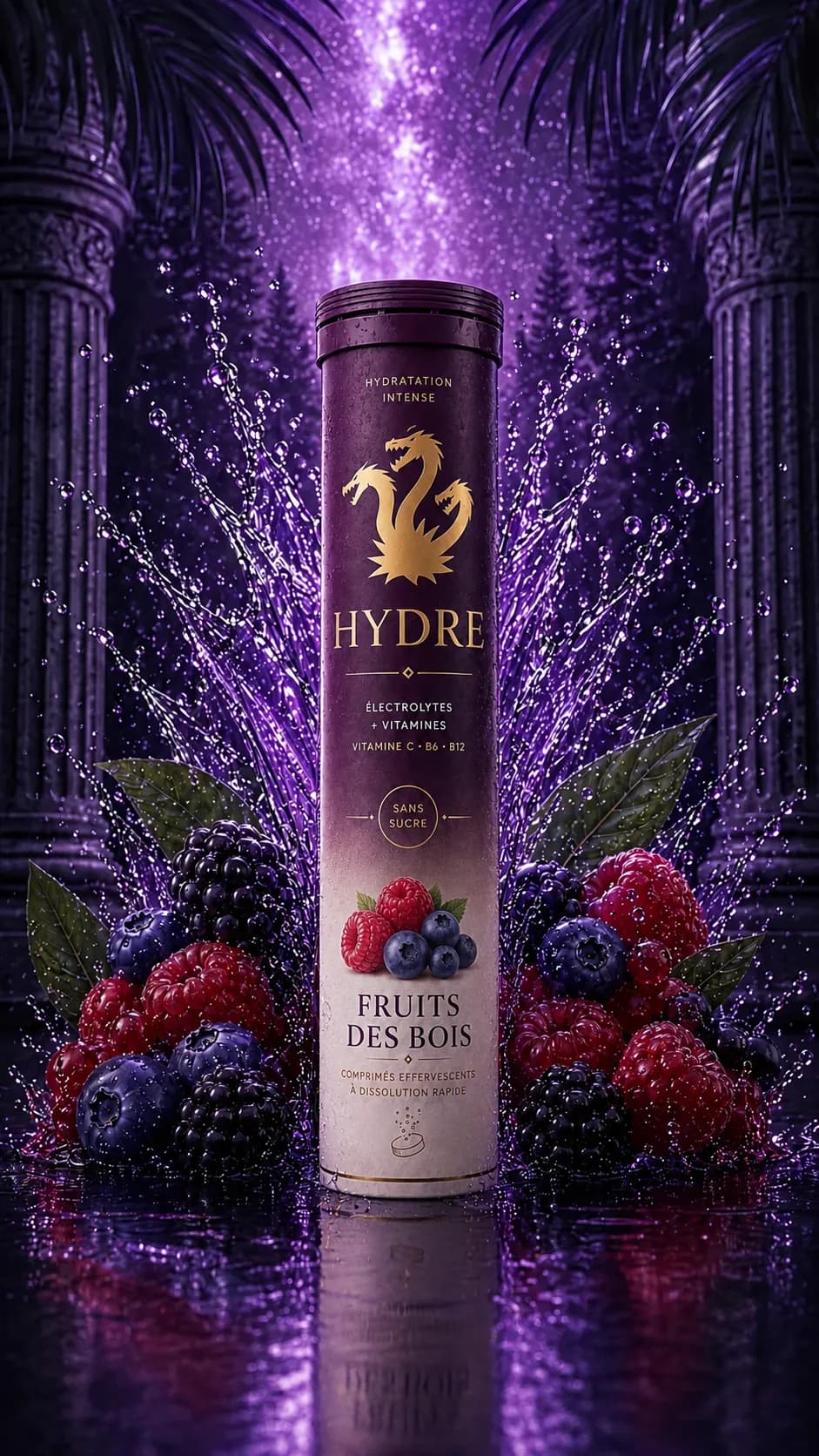 Hydre Nutrition Fruits des bois entouré de framboises et mures