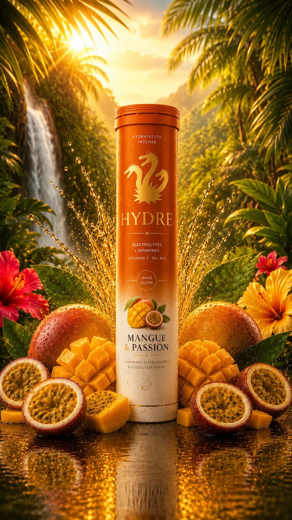 Hydre Nutrition Passion Mangue avec mangues fraîches et fruits de la passion sur fond doré