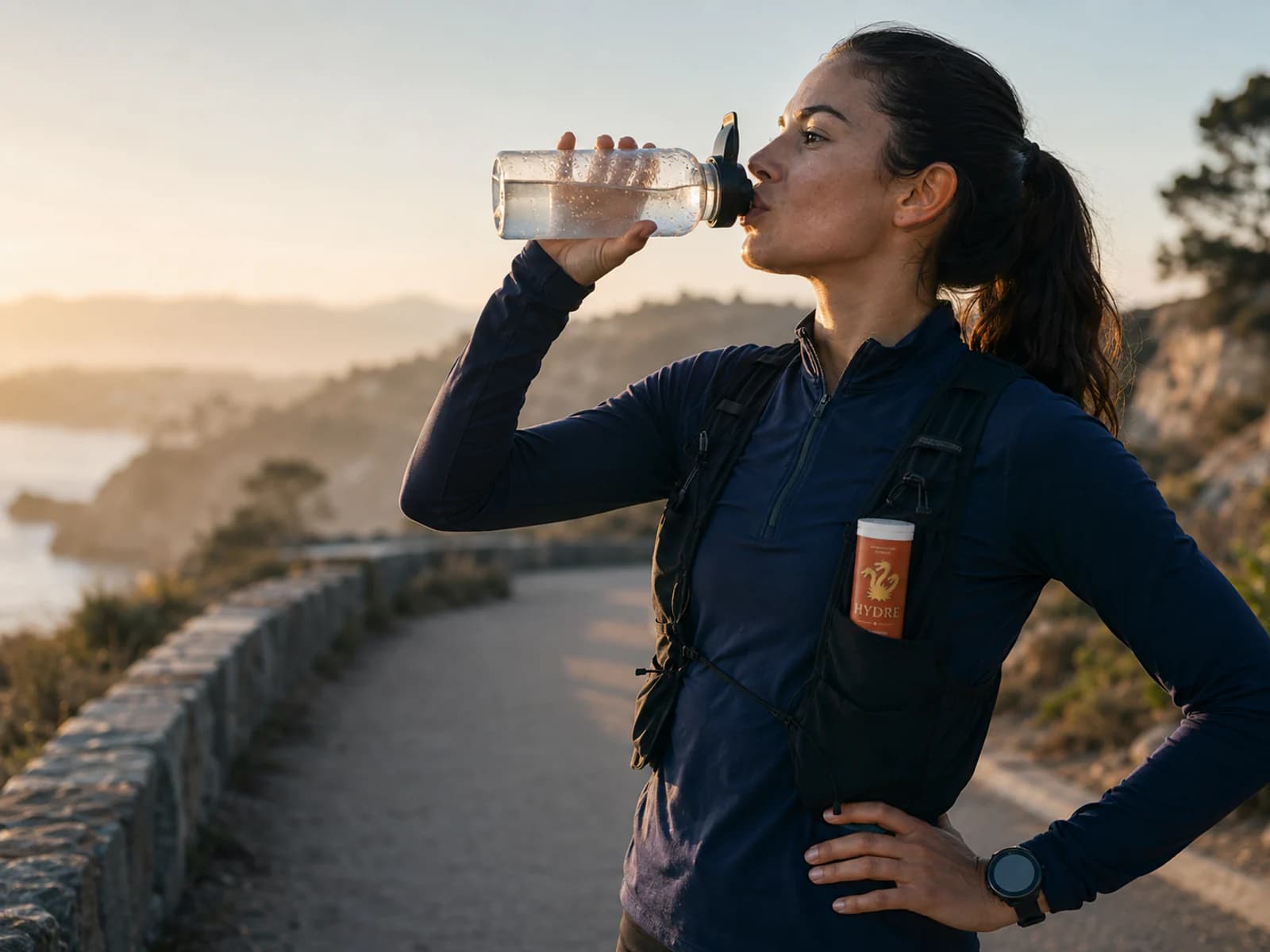 Athlète s’hydratant pendant un entraînement matinal