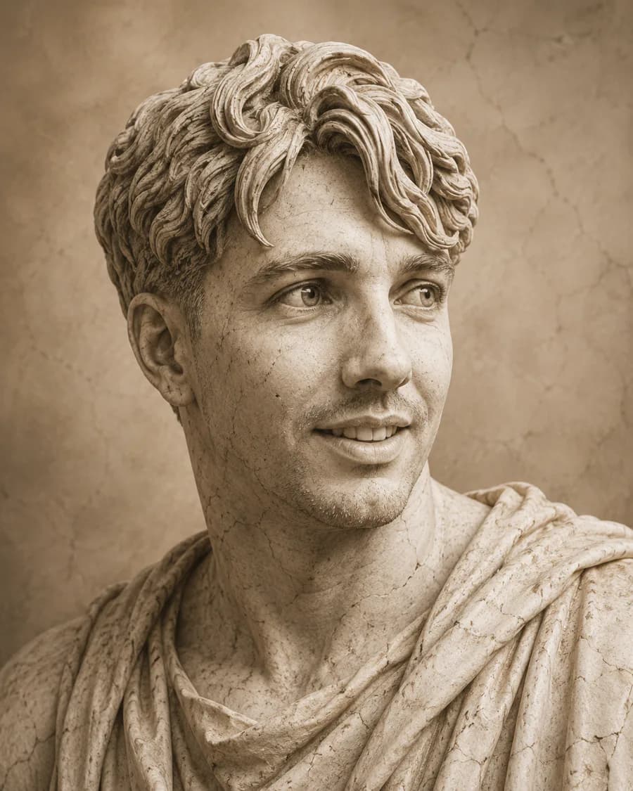 Portrait d’Aloïs Couaran dans une interprétation sculpturale inspirée de l’Antiquité grecque